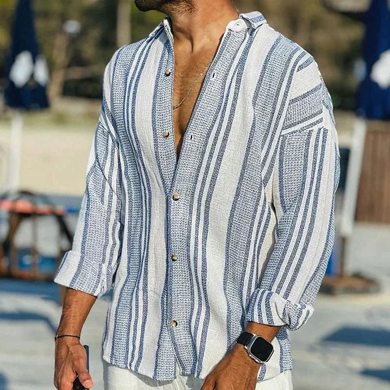Linen Shirt | Striped | Loose Fit | Long Sleeve Shirt | Men's Shirt-Shirts-Chaps London-Blue-S-Chaps London