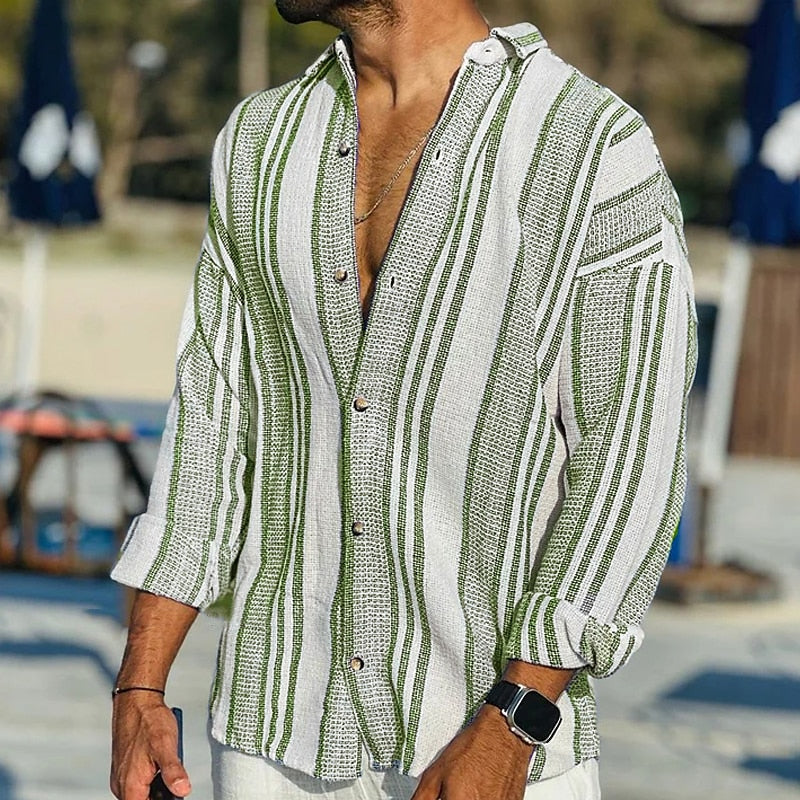 Linen Shirt | Striped | Loose Fit | Long Sleeve Shirt | Men's Shirt-Shirts-Chaps London-Green-S-Chaps London