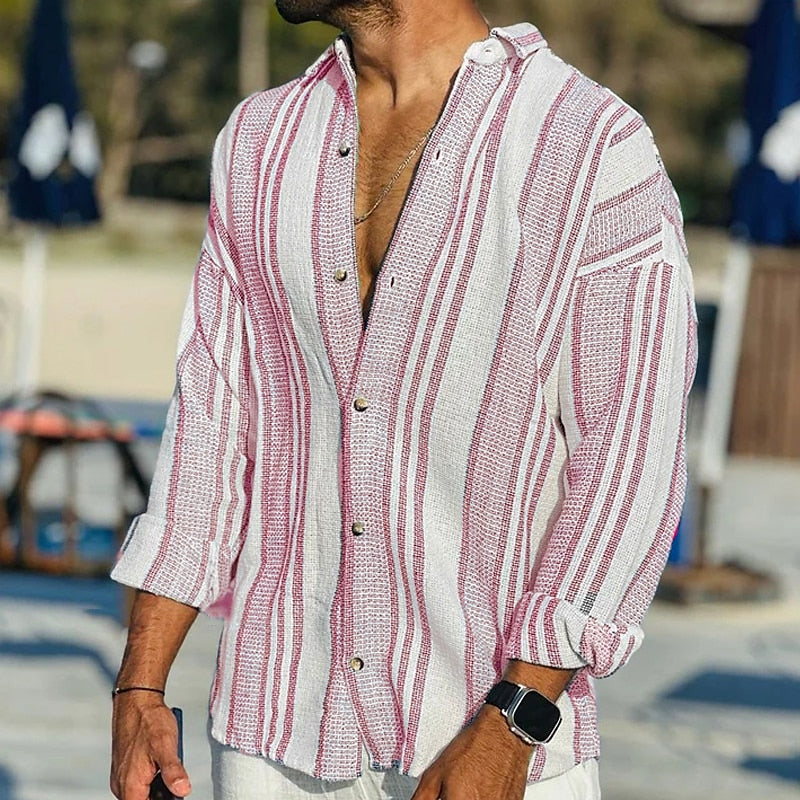 Linen Shirt | Striped | Loose Fit | Long Sleeve Shirt | Men's Shirt-Shirts-Chaps London-Pink-S-Chaps London