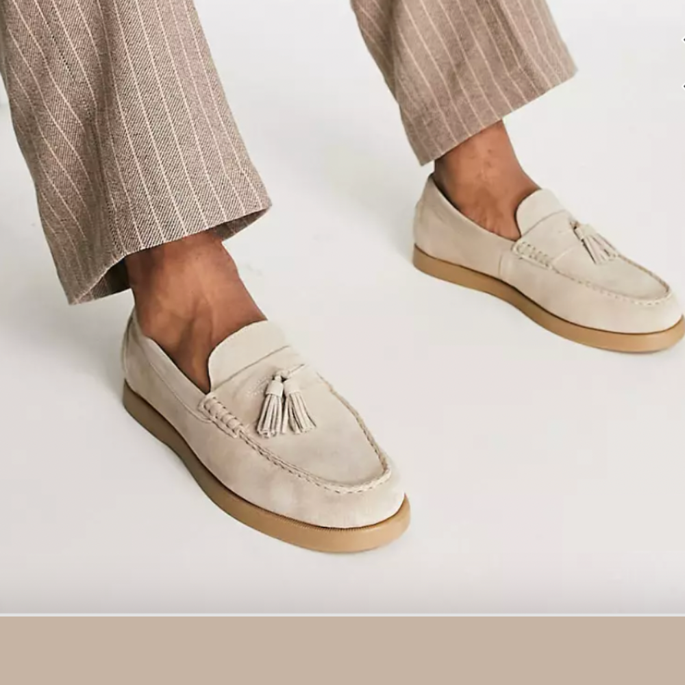 Loafers - Men's Beige Slip-On Tassel Leather Loafers-Loafers-Chaps London-White-Beige-UK 5-Chaps London