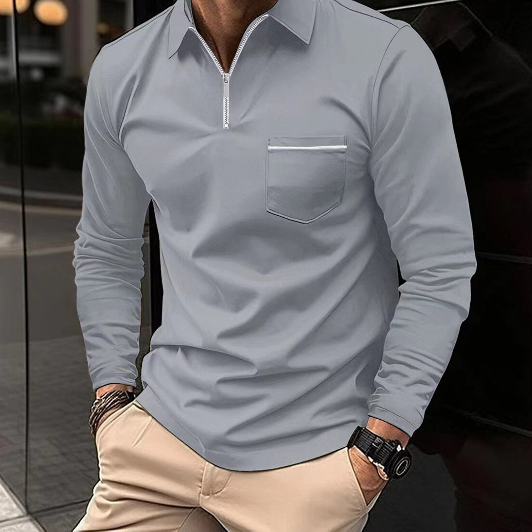 Long Sleeve Polo Shirt - Collared - Quarter Zip - Polo Shirts - Men's Clothing-Men Winter Shirt-Chaps London-Grey-S-Chaps London