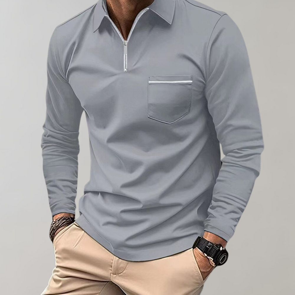 Long Sleeve Polo Shirt - Men's Collared Quarter Zip Polo Shirt-Men Summer Shirt-Chaps London-Grey-S-Chaps London