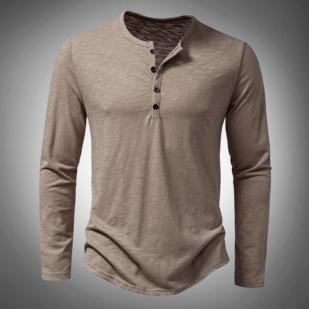 Long Sleeve T-Shirt - Cotton - Quarter Button - Plain Long Sleeve Shirts - Men's Clothing-New Arrivals-Chaps London-Beige-S-Chaps London