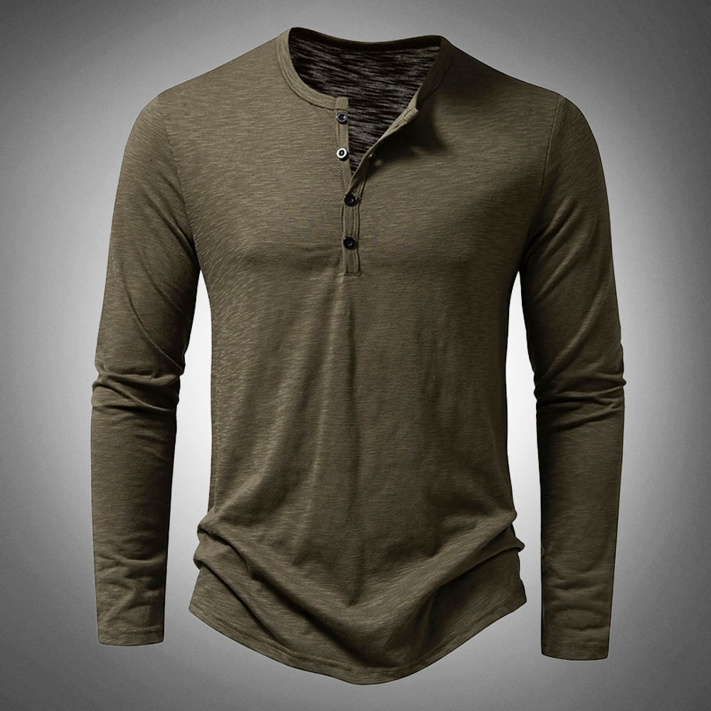 Long Sleeve T-Shirt - Cotton - Quarter Button - Plain Long Sleeve Shirts - Men's Clothing-New Arrivals-Chaps London-Green-S-Chaps London