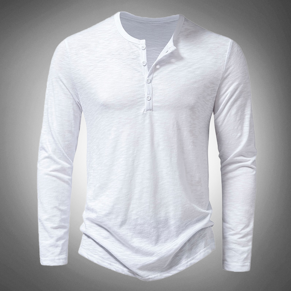 Long Sleeve T-Shirt - Cotton - Quarter Button - Plain Long Sleeve Shirts - Men's Clothing-New Arrivals-Chaps London-White-S-Chaps London