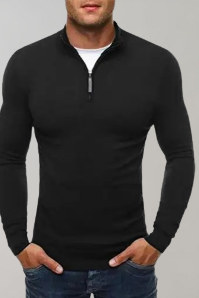 Long Sleeve T-Shirt - Half Zip - Slim Fit - Quarter Zip Shirt - Men's Shirts-Chaps London-Black-M-Chaps London
