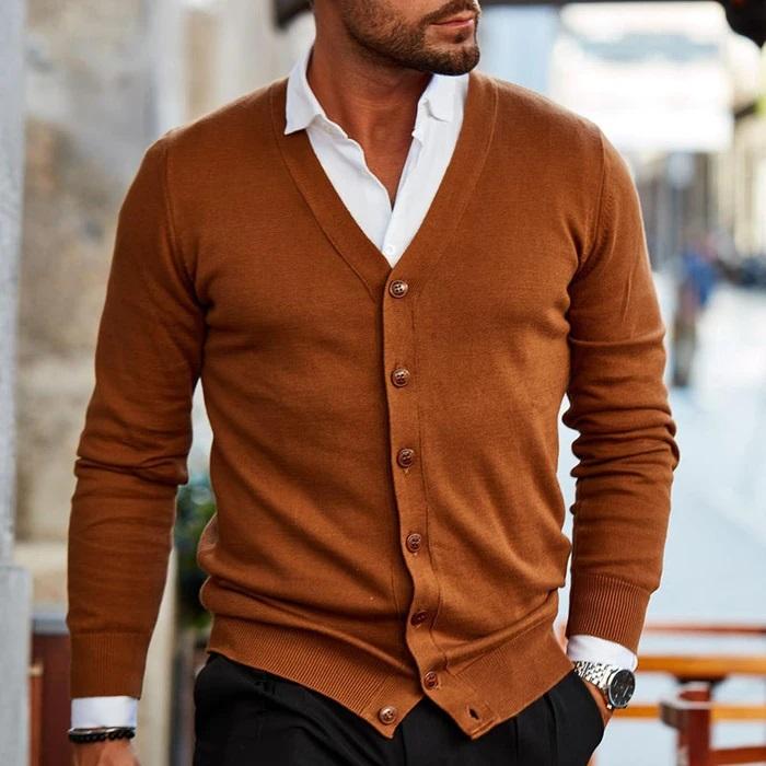 Men's Cardigan - V-Neck - Button-Up - Knit Cardigan - Cardigan Sweater-Chaps London-Dark Brown-S-Chaps London