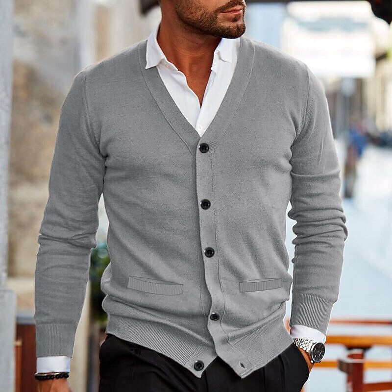 Men's Cardigan - V-Neck - Button-Up - Knit Cardigan - Cardigan Sweater-Chaps London-Gray-S-Chaps London