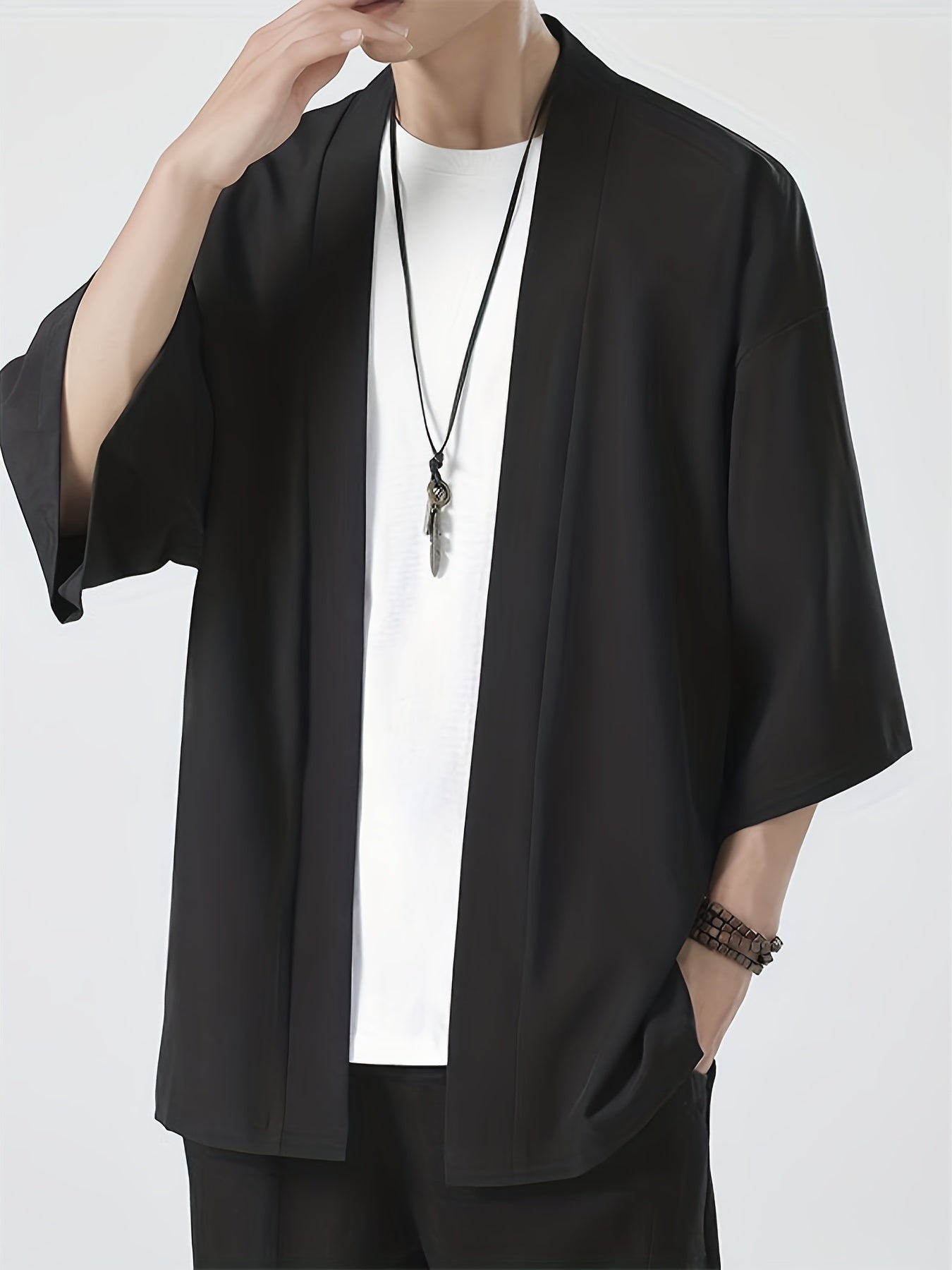 Men's Kimono - Loose Fit Oversized Open Front Short Sleeve Overshirt-Chaps London-Black-M-Chaps London
