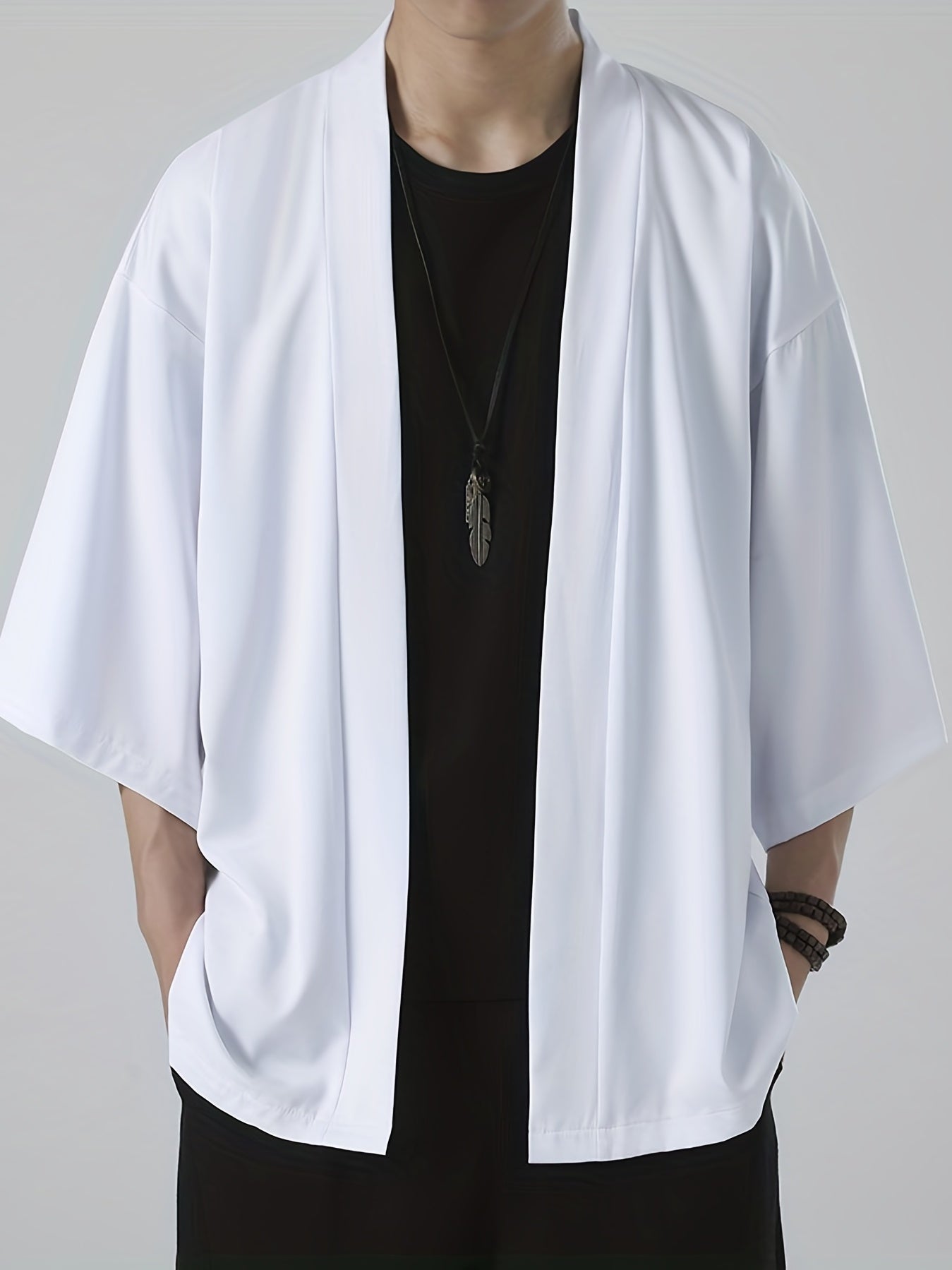 Men's Kimono - Loose Fit Oversized Open Front Short Sleeve Overshirt-Chaps London-White-M-Chaps London
