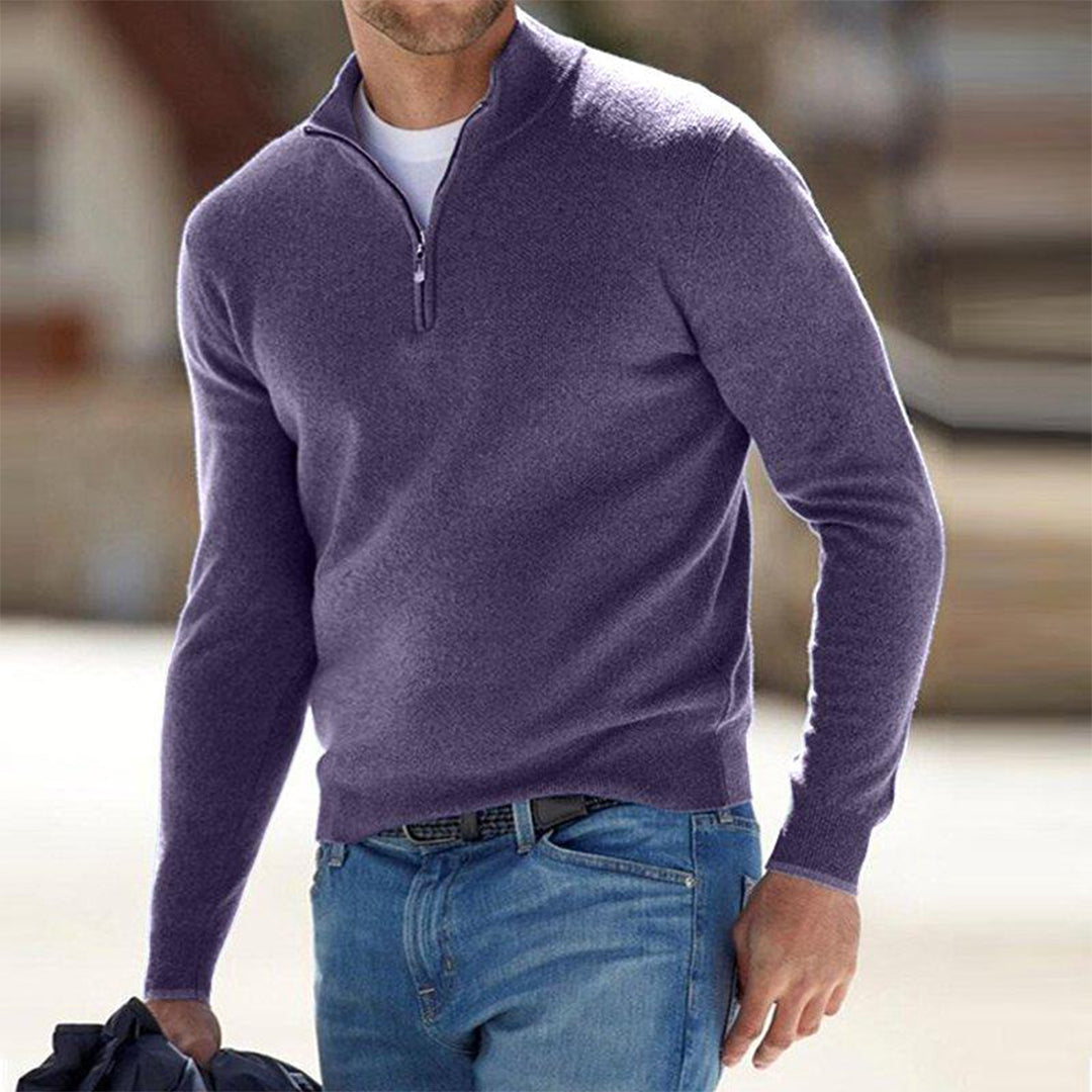 Men's Quarter Zip Sweater - Knitted - Pullover - Polo Jumper - Men's Half Zip Jumper -Fashion Men Sweater Pullover Fall-Chaps London-Purple-S-Chaps London