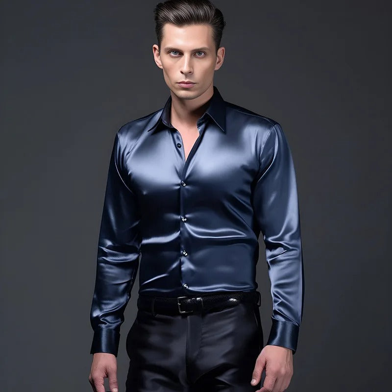 Men's Shirt | Long Sleeve | Slim Fit | Button-Up Shirt | Shiny Shirt-Shirt-Chaps London-Blue-S-Chaps London