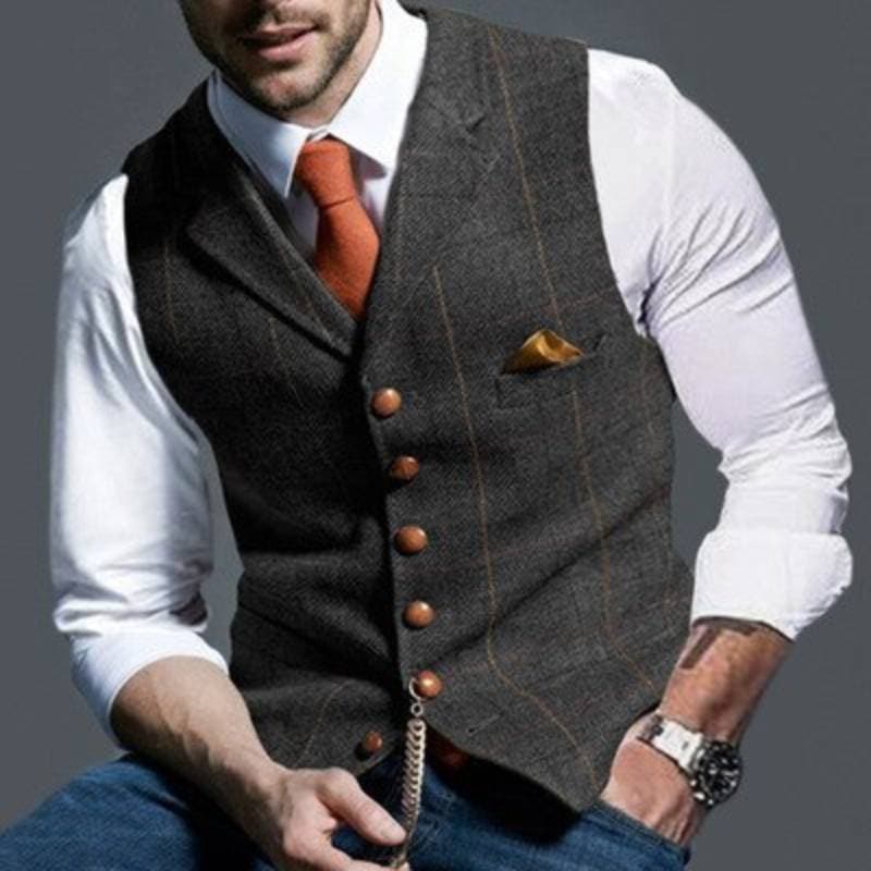 Men's Vest - Single Breasted - Sleeveless - Tweed Vest - Plaid Vest-Vest-Chaps London-Dark Grey-S-Chaps London