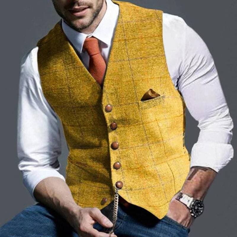 Men's Vest - Single Breasted - Sleeveless - Tweed Vest - Plaid Vest-Vest-Chaps London-Yellow-S-Chaps London
