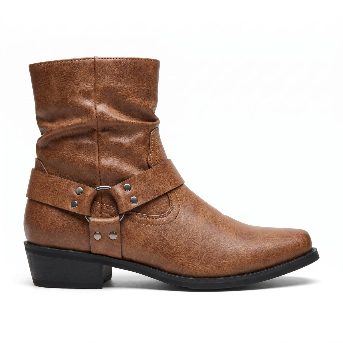 Brown faux leather ankle western boot with harness strap and ring, side view | Chaps London