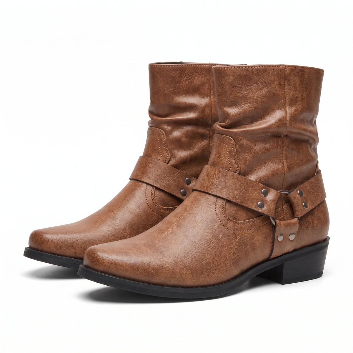Pair of brown faux leather ankle western boots with harness straps | Chaps London