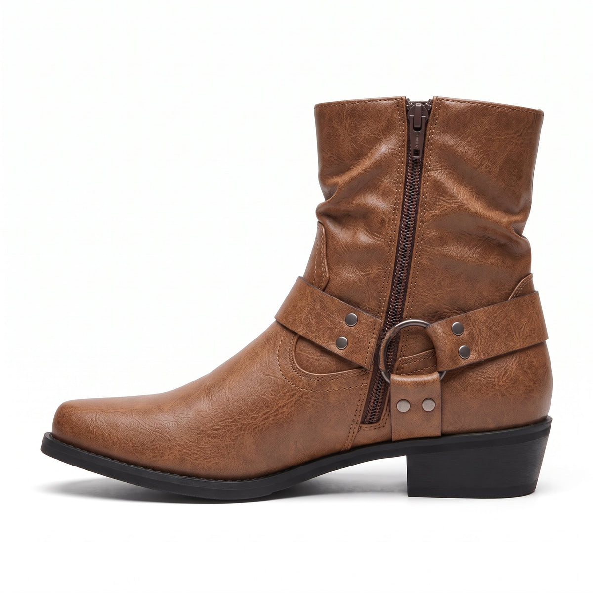 Brown faux leather ankle western boot, inner side with zip | Chaps London