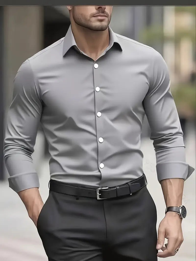 Non Iron Shirt | Wrinkle Free | Slim Fit | Button-Up Shirt | Men's Shirts-Men’s Dress Shirt-Chaps London-Grey-XS-Chaps London