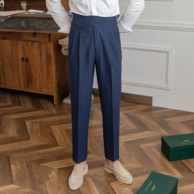 Pleated Pants - Men's Stylish Adjustable Waist Formal Dress Pants-Men Pants-Chaps London-Navy Blue-29-Chaps London