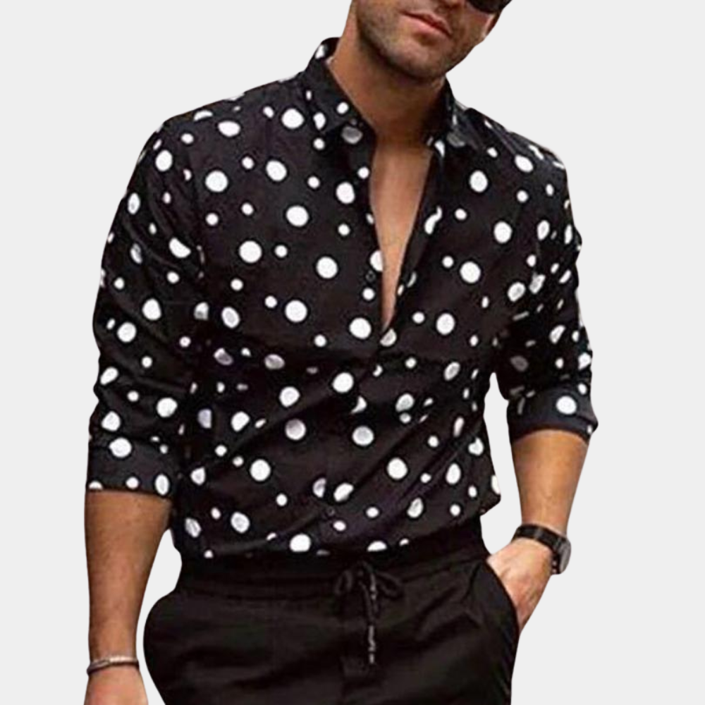 Polka Dot Shirt - Men's Long Sleeve Button Up-Men Summer Shirt-Chaps London-Black-M-Chaps London