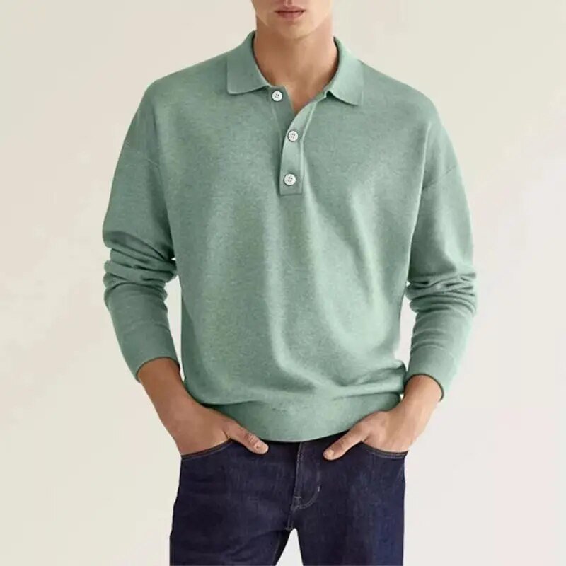 Man wearing sage green long sleeve collared polo sweater with jeans | Chaps London