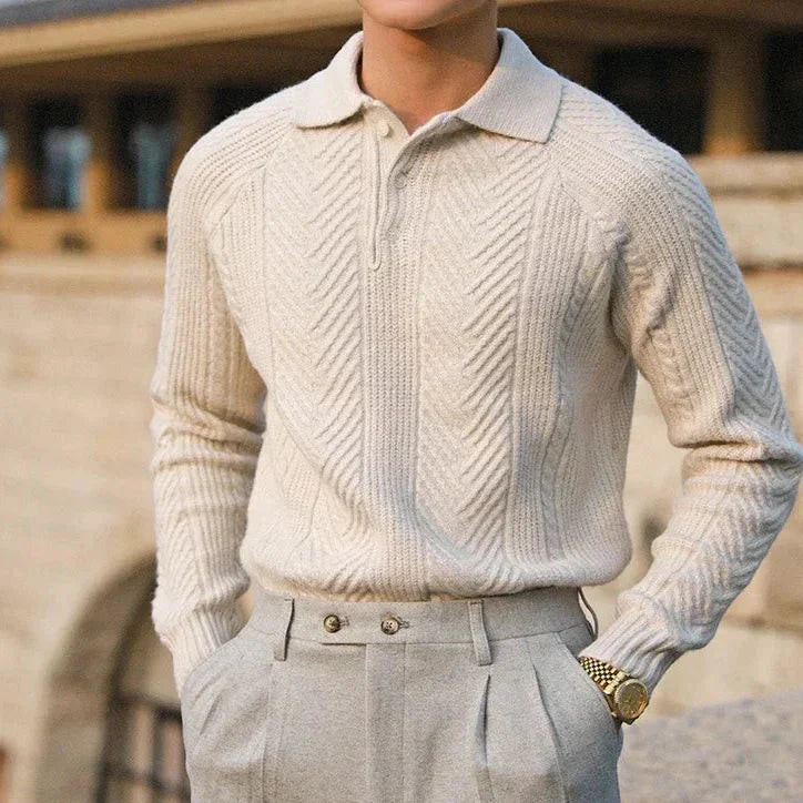 Polo Jumper - Men's Collared Knitted Jumper-Sweater-Chaps London-Beige-S-Chaps London