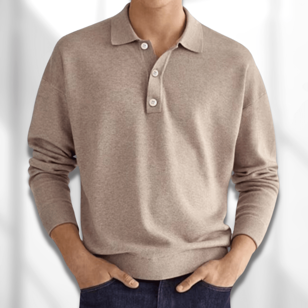 Polo Jumper - Men's Long Sleeve Collared Polo Shirt Sweater-Sweaters-Chaps London-Khaki-S-Chaps London