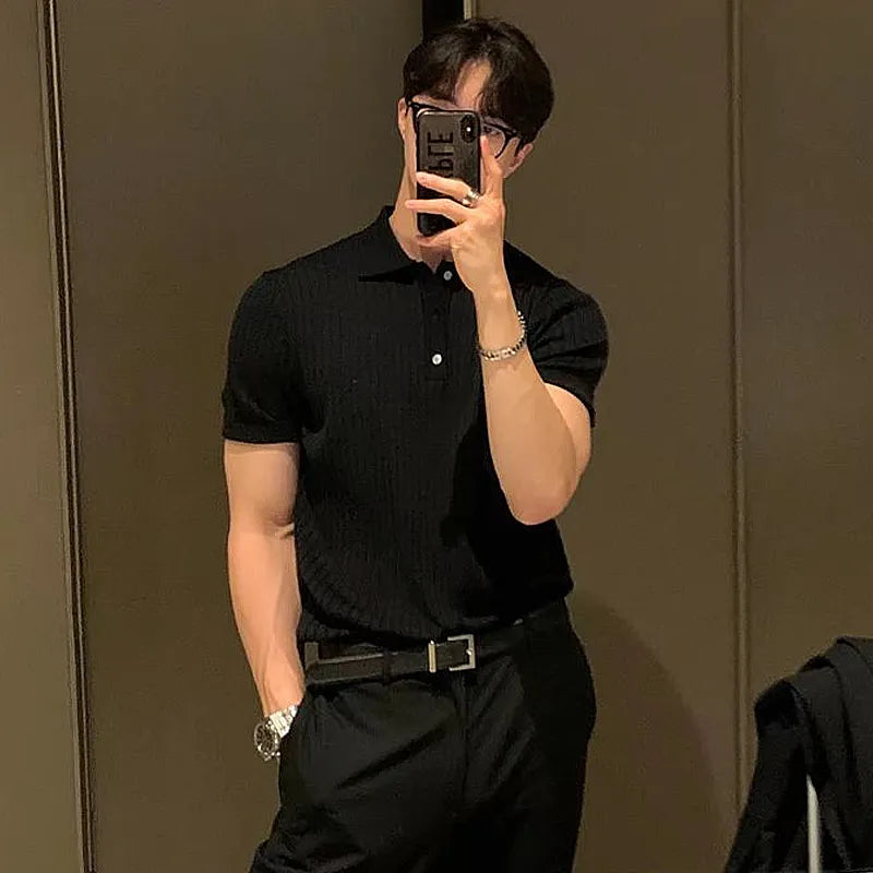 Polo Shirt | Button-Up | Turn Down Collar | Ribbed T-Shirt | Men's Shirts-men-Chaps London-Black-S-Chaps London