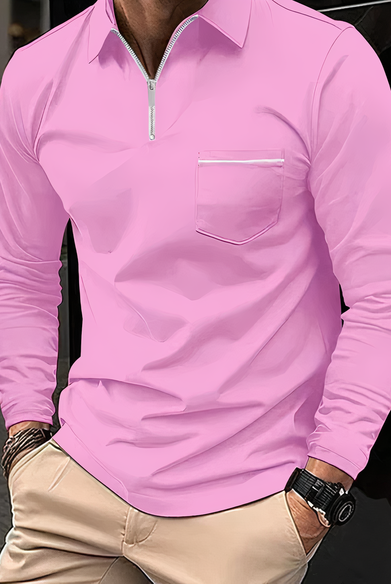 Polo Shirt - Long Sleeves - Chest Pocket - Semi-closed Shirt - Men's Shirt-T-shirts_M-Chaps London-Pink-S-Chaps London