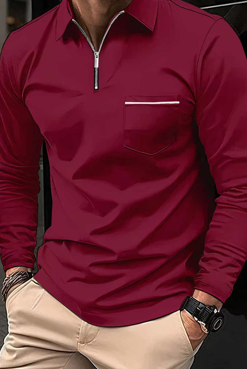 Polo Shirt - Long Sleeves - Chest Pocket - Semi-closed Shirt - Men's Shirt-T-shirts_M-Chaps London-Wine Red-S-Chaps London