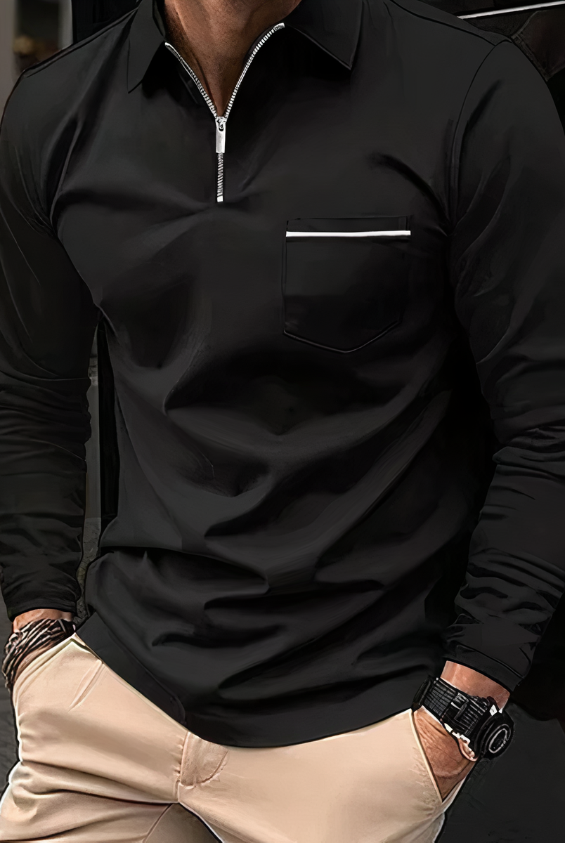 Polo Shirt - Long Sleeves - Chest Pocket - Semi-closed Shirt - Men's Shirt-T-shirts_M-Chaps of London-Black-S-Chaps of London