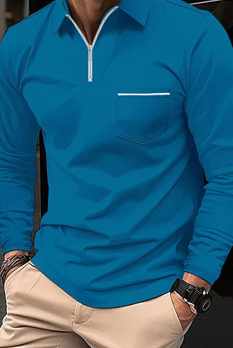 Polo Shirt - Long Sleeves - Chest Pocket - Semi-closed Shirt - Men's Shirt-T-shirts_M-Chaps of London-Blue-S-Chaps of London