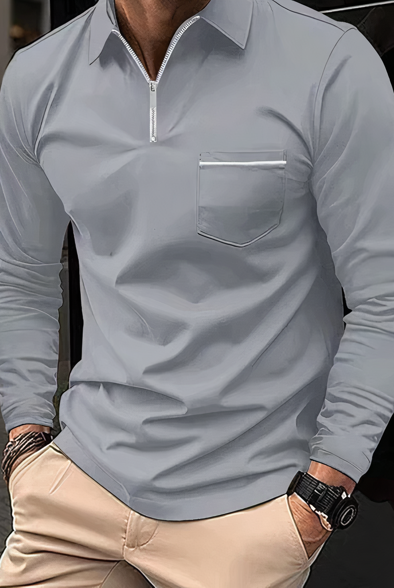 Polo Shirt - Long Sleeves - Chest Pocket - Semi-closed Shirt - Men's Shirt-T-shirts_M-Chaps of London-Gray-S-Chaps of London