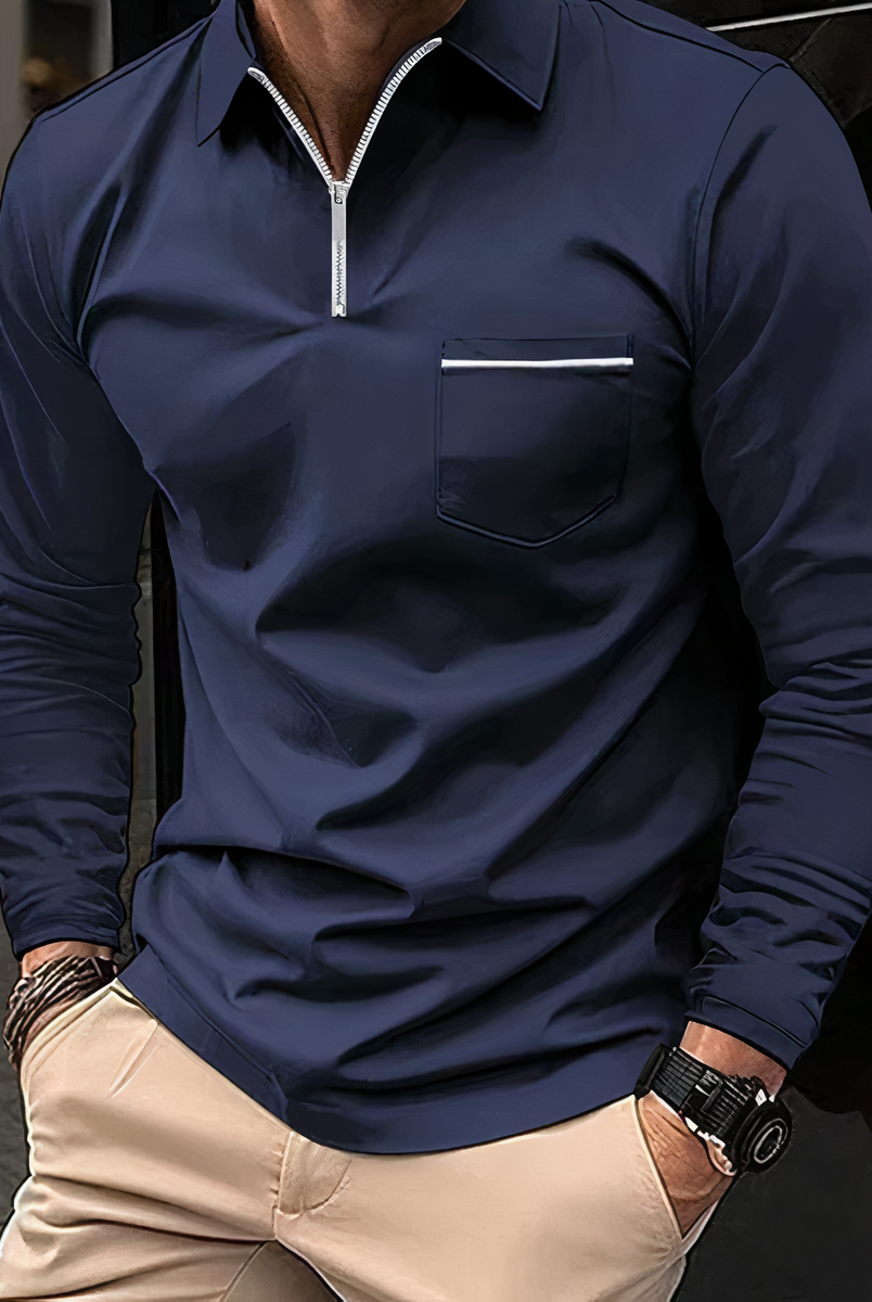 Polo Shirt - Long Sleeves - Chest Pocket - Semi-closed Shirt - Men's Shirt-T-shirts_M-Chaps of London-Navy Blue-S-Chaps of London