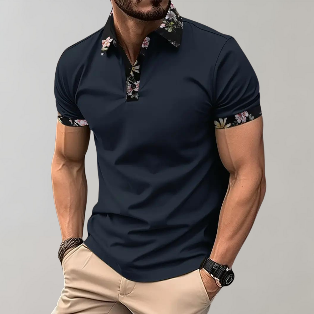 Polo Shirt - Men's Floral Print Short Sleeve-Men Summer Shirt-Chaps London-Navy Blue-S-Chaps London