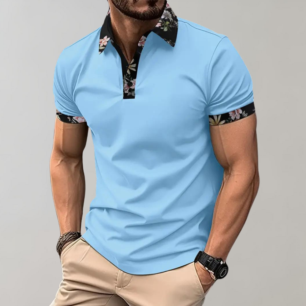 Polo Shirt - Men's Floral Print Short Sleeve-Men Summer Shirt-Chaps London-Sky Blue-S-Chaps London