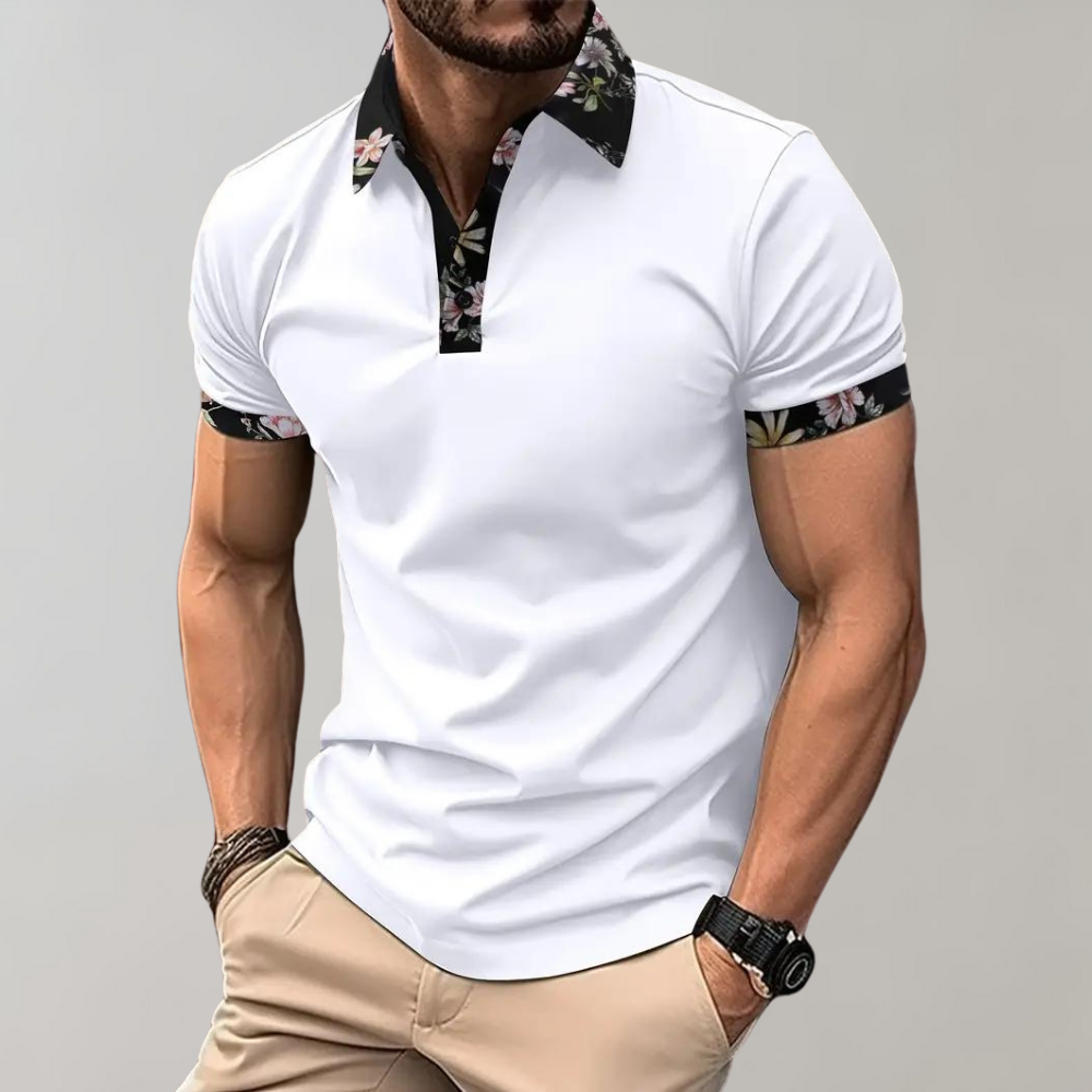 Polo Shirt - Men's Floral Print Short Sleeve-Men Summer Shirt-Chaps London-White-S-Chaps London