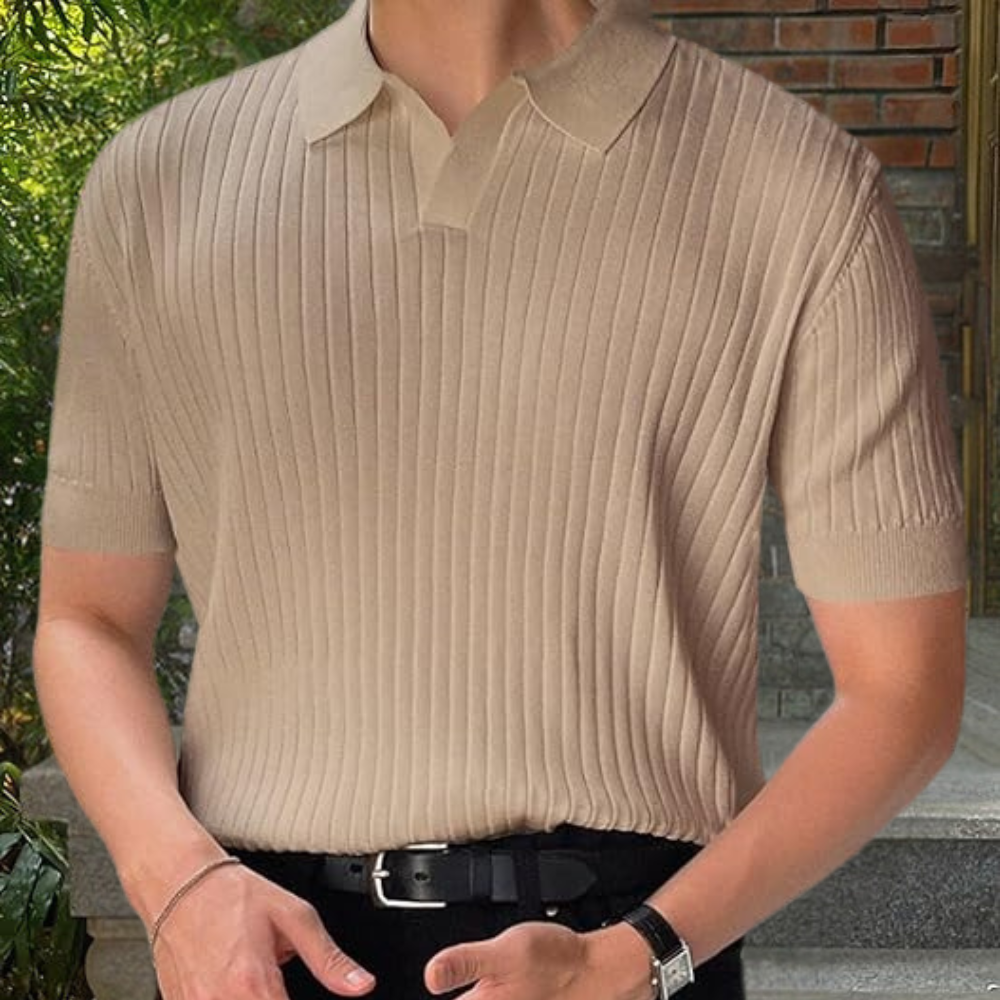 Polo Shirt - Men's Knit V Neck Short Sleeve-Men Summer Polo-Chaps London-Apricot-S-Chaps London