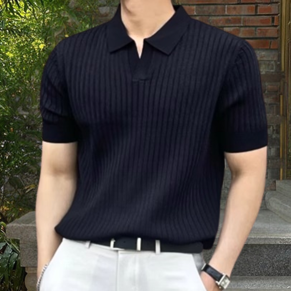 Polo Shirt - Men's Knit V Neck Short Sleeve-Men Summer Polo-Chaps London-Black-S-Chaps London