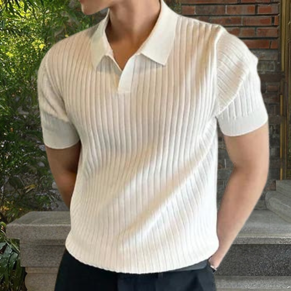 Polo Shirt - Men's Knit V Neck Short Sleeve-Men Summer Polo-Chaps London-White-S-Chaps London