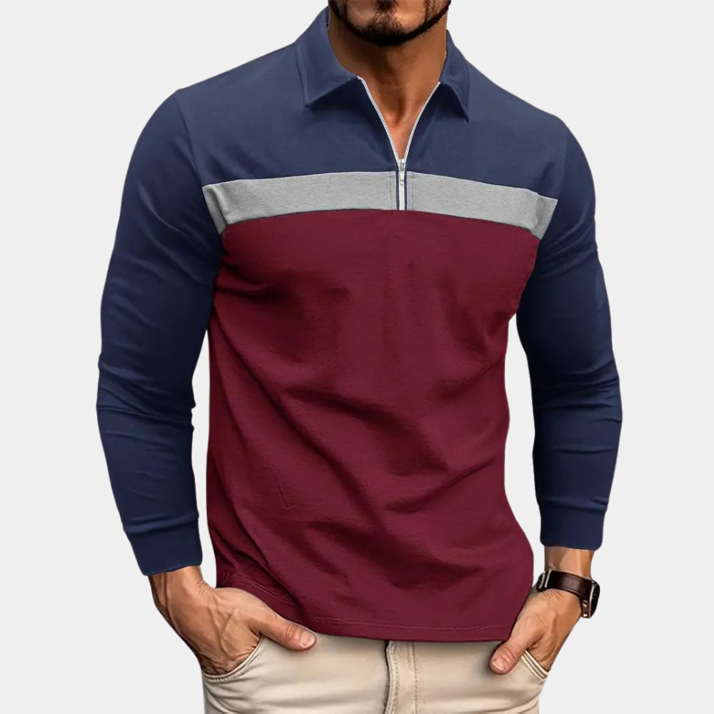 Polo Shirt - Men's Quarter Zip Collared Long Sleeve-Polos-Chaps London-Burgundy Red-S-Chaps London