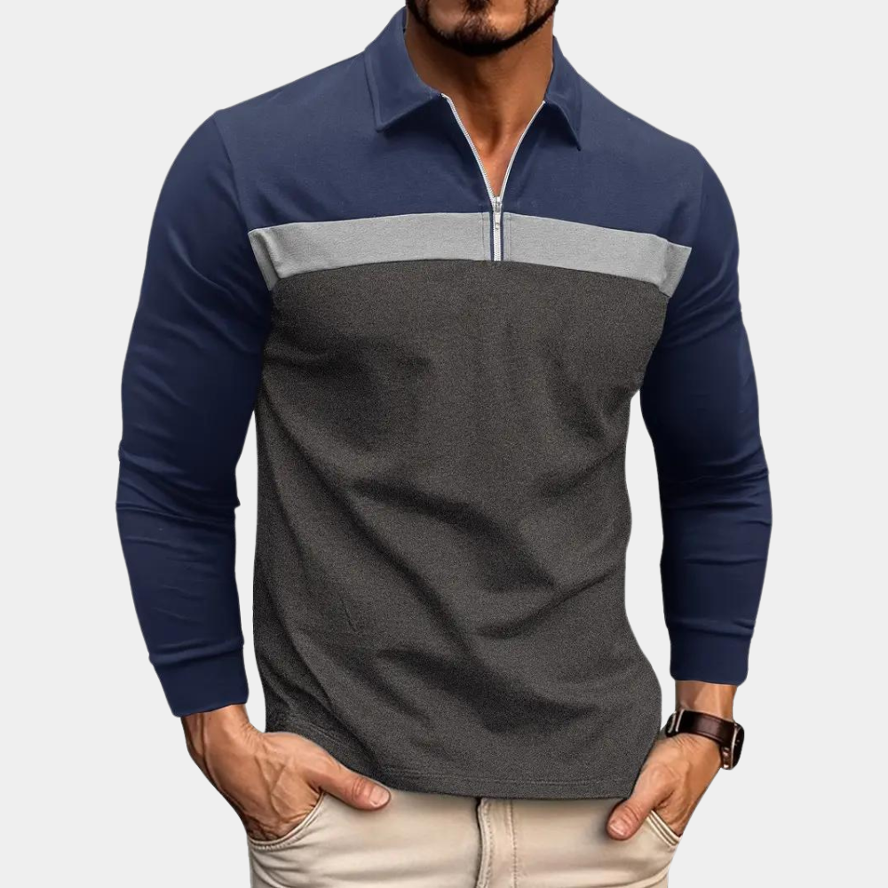 Polo Shirt - Men's Quarter Zip Collared Long Sleeve-Polos-Chaps London-Light Gray-S-Chaps London