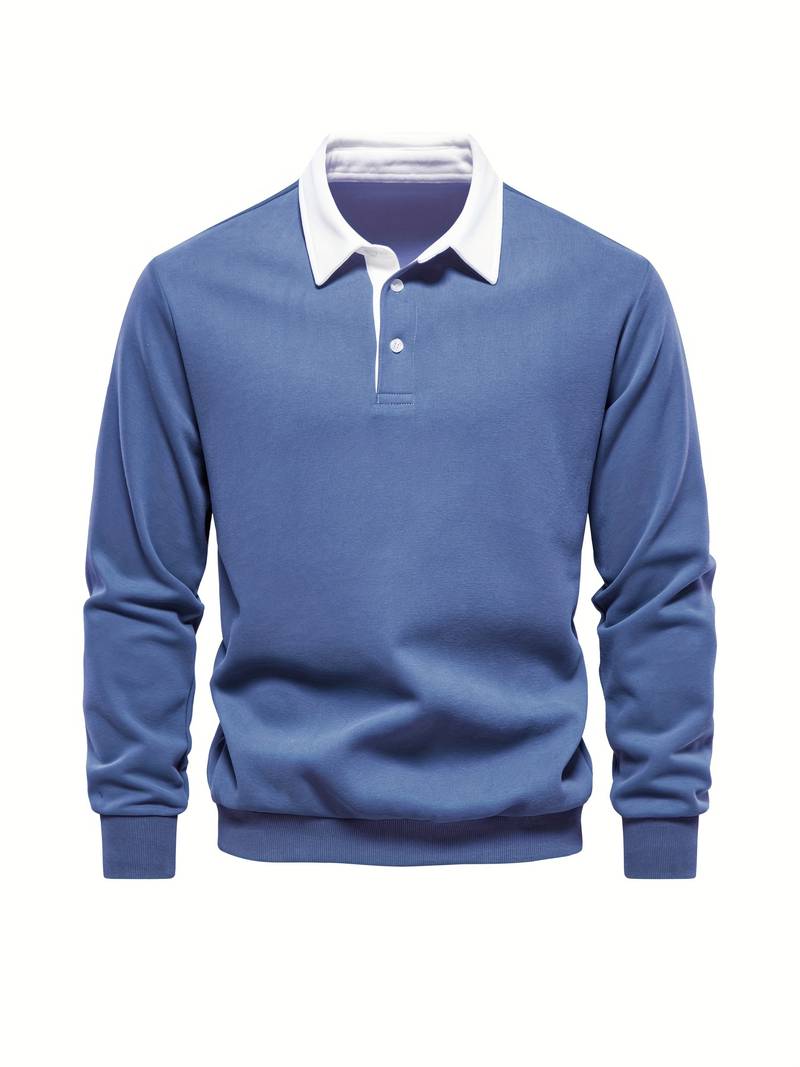 Polo Shirt | Turndown Collar | Quarter Button-Up | Long Sleeve Polo Shirts | Men's Shirts-T-shirts-Chaps London-Blue-S-Chaps London