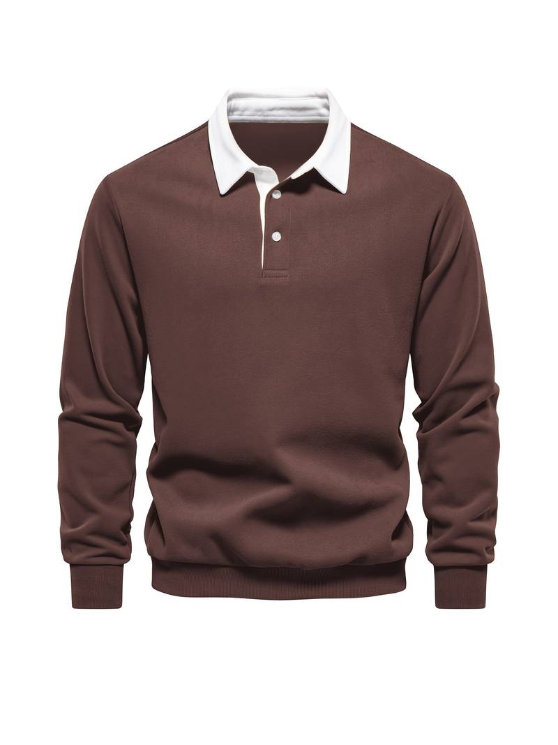 Polo Shirt | Turndown Collar | Quarter Button-Up | Long Sleeve Polo Shirts | Men's Shirts-T-shirts-Chaps London-Brown-S-Chaps London