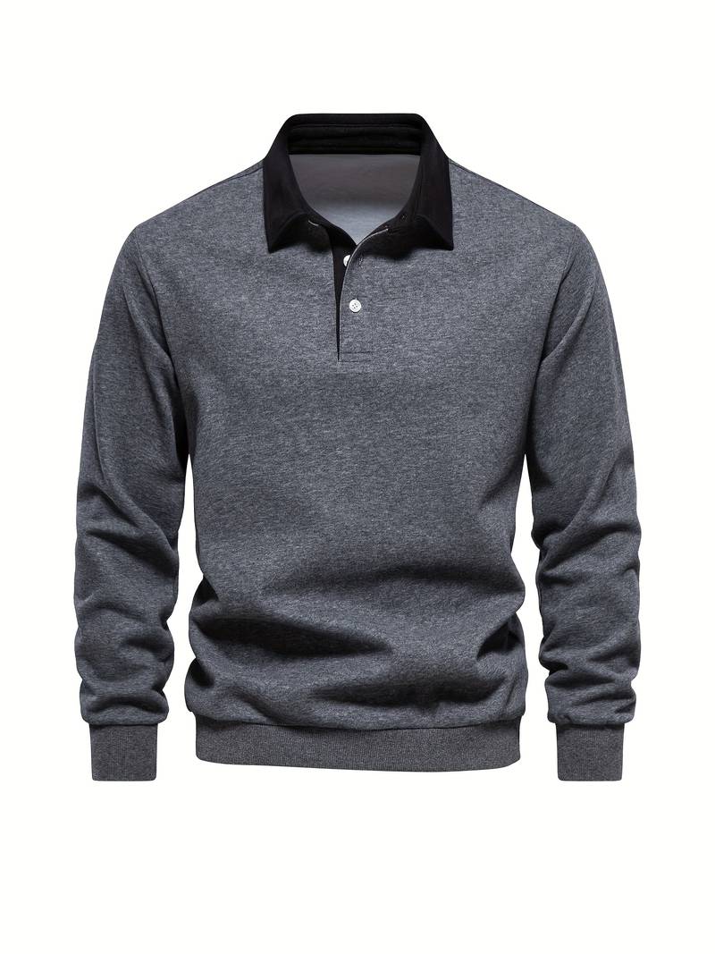 Polo Shirt | Turndown Collar | Quarter Button-Up | Long Sleeve Polo Shirts | Men's Shirts-T-shirts-Chaps London-Grey-S-Chaps London