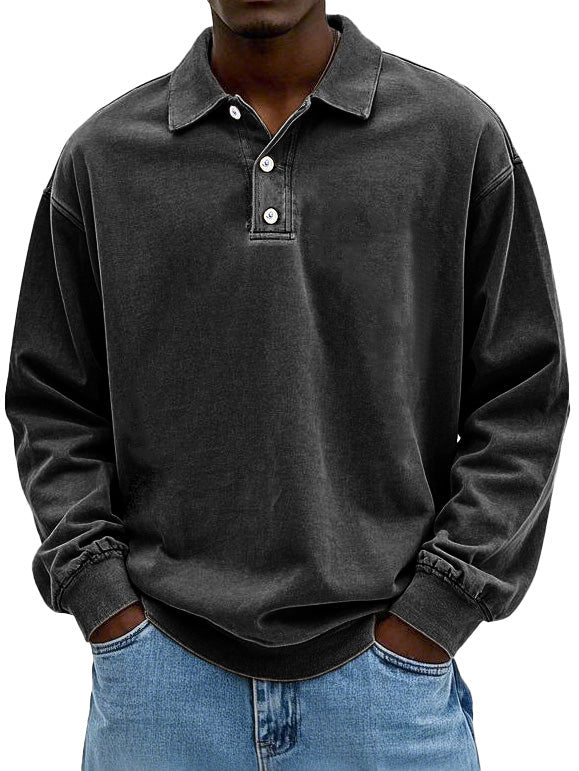 Polo Sweatshirt - Collared - Washed - Oversized Pullover - Men's Clothing-Polo Sweatshirt-Chaps London-Black-S-Chaps London