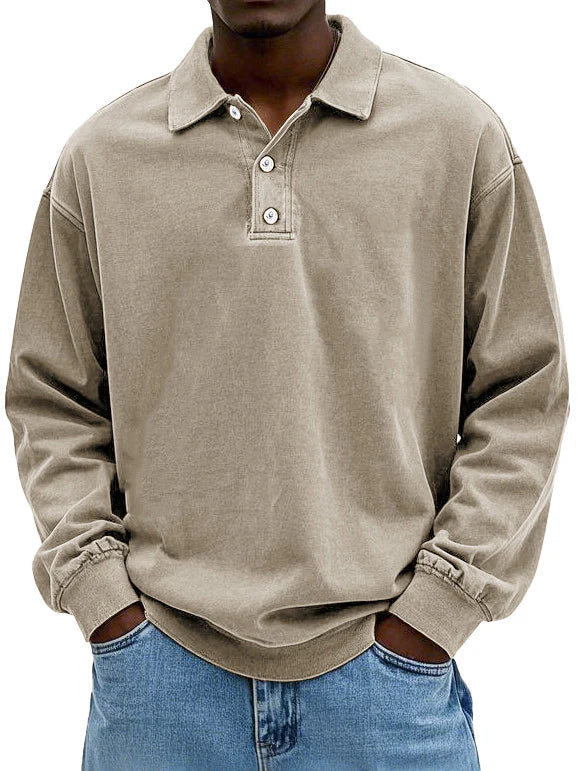 Polo Sweatshirt - Collared - Washed - Oversized Pullover - Men's Clothing-Polo Sweatshirt-Chaps London-Khaki-S-Chaps London