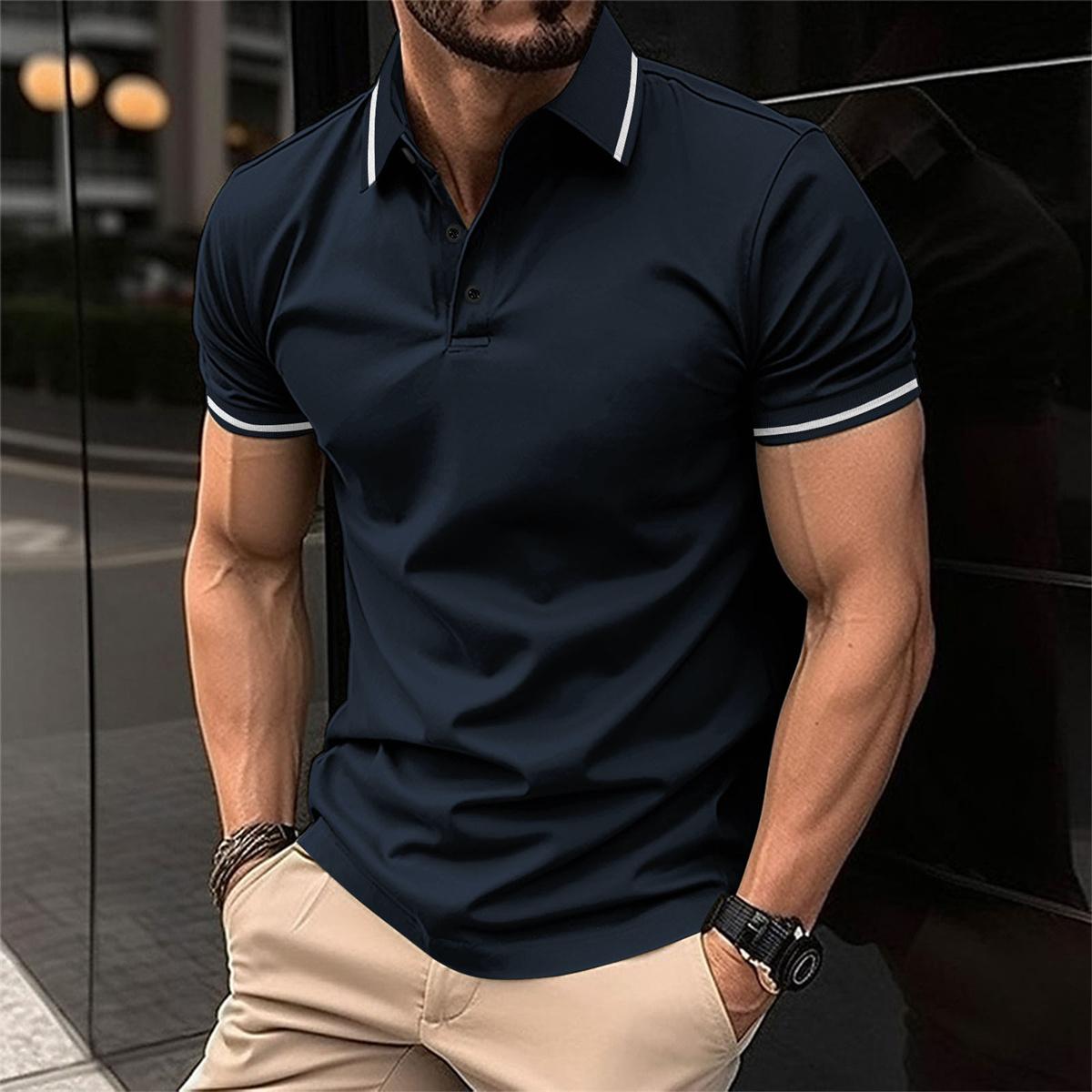 Polo T-Shirt - Men's Button-Up Collared Short Sleeve Polo Shirt-Men Shirts-Chaps London-Navy Blue-S-Chaps London