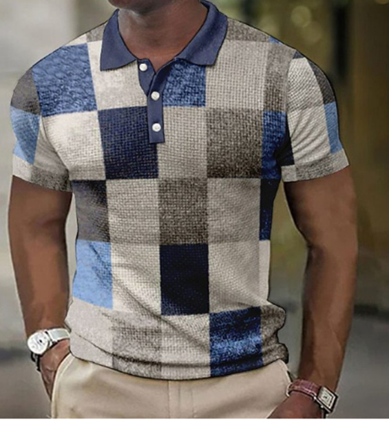 Polo T-Shirt | Patchwork | Button-Up | Short Sleeve Shirt | Men's Polo Shirts-Daan Polo-Chaps London-Blue-S-Chaps London