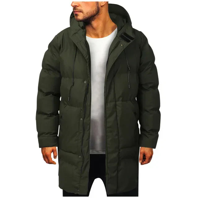 Man wearing dark green hooded puffer coat with white shirt underneath | Chaps London